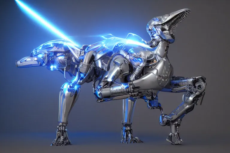 Prompt: futuristic metal cybernetic!! dino!!!! white blue grey orange laser, octane render, studio light,