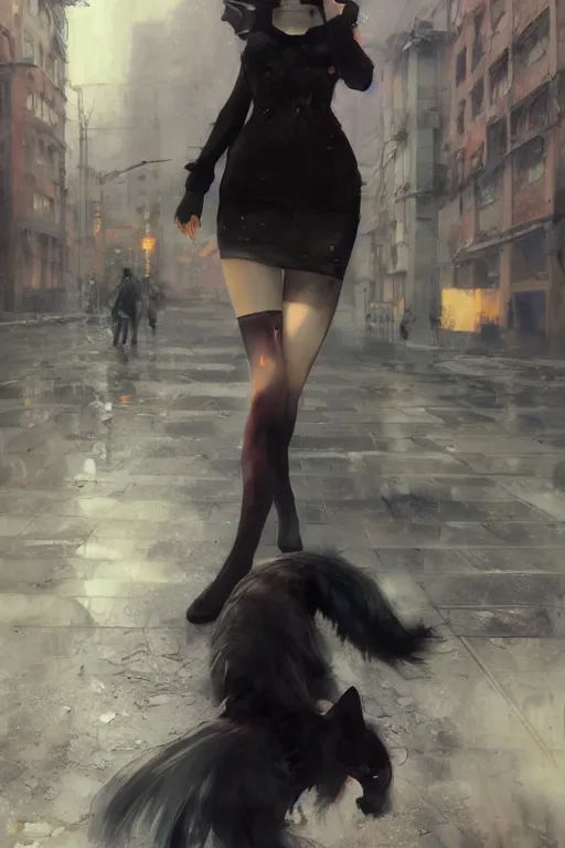 Prompt: woman with cat ears wearing a black lace dress and thigh highs walking in a depressing soviet city, expressive oil painting, digital anime art, highly detailed, character art, by yoshitaka amano, by greg rutkowski, by conrad roset, volumetrics, octane render, rainy street