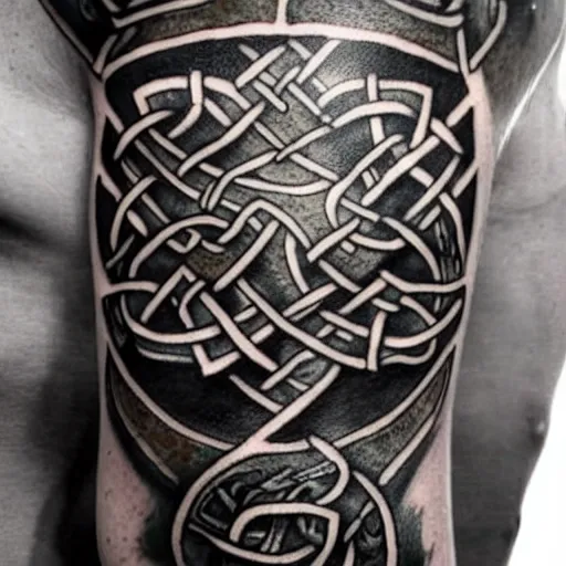 Image similar to shoulder tattoo, nordic and celtic, viking with sword and shield, celtic knot band with a viking warrior centerpiece, viking holds a shield frontward and a sword over his head, dark green black ink tattoo