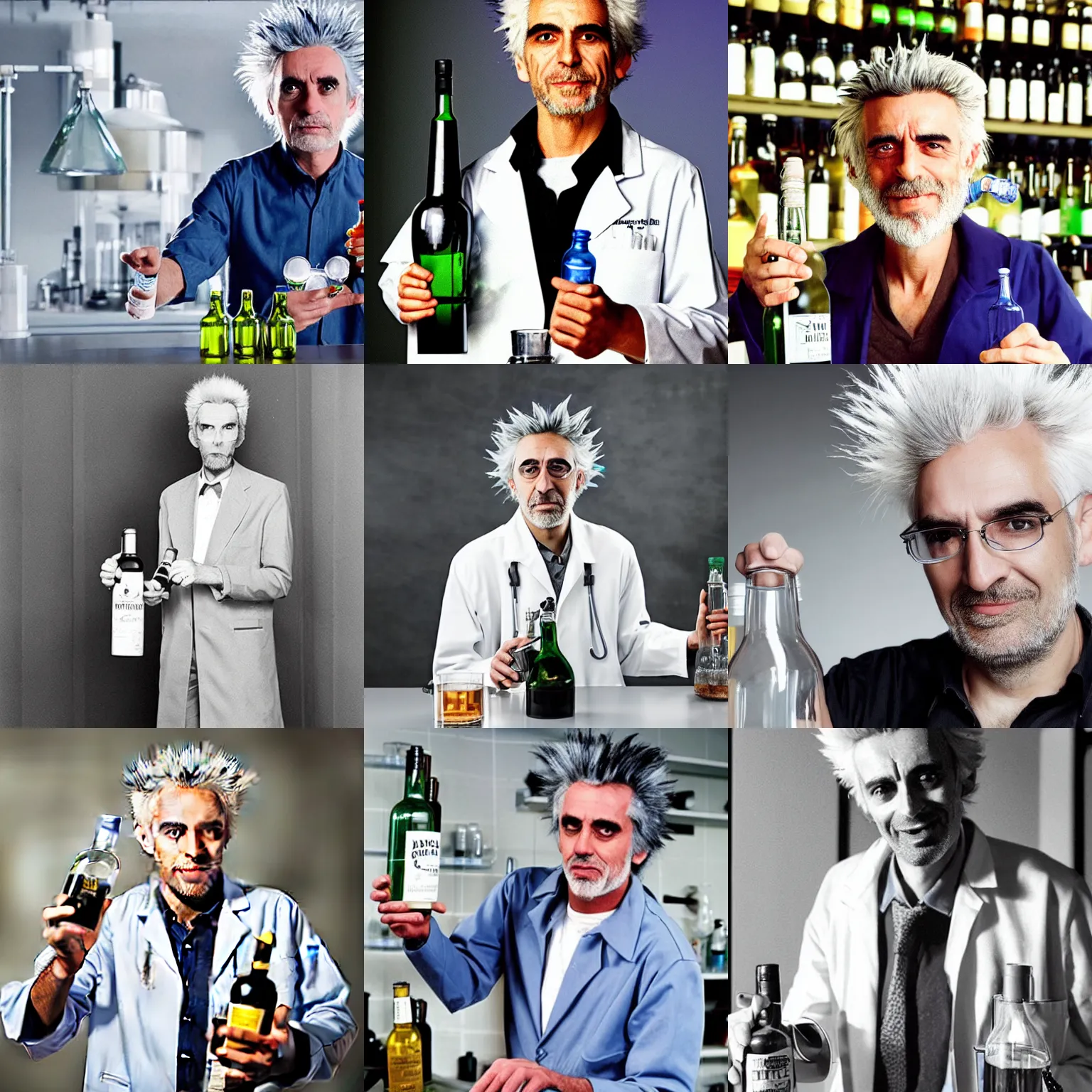 Prompt: Photograph of a skinny mad scientist with a unibrow and spiky bluish gray hair, wearing a lab coat and holding a bottle of booze, Rick Sanchez