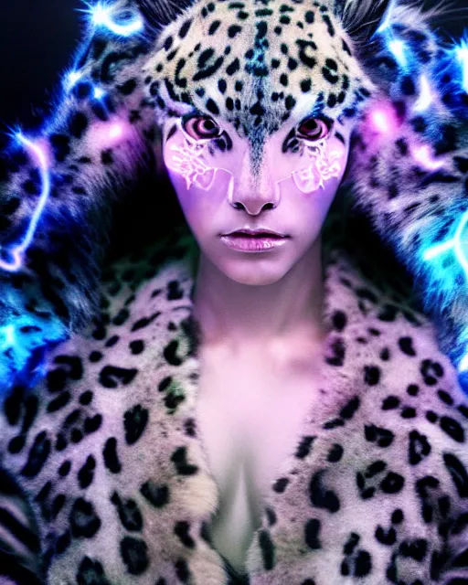 Image similar to natural light, soft focus portrait of a cyberpunk anthropomorphic snow leopard with soft synthetic pink skin, blue bioluminescent plastics, smooth shiny metal, elaborate ornate head piece, piercings, skin textures, by annie leibovitz, paul lehr