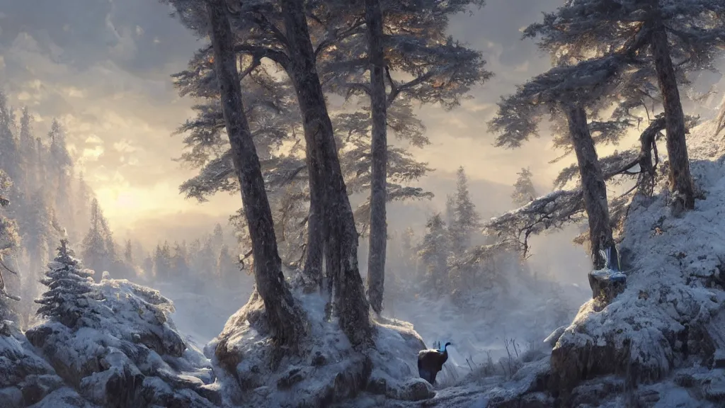 Image similar to the most beautiful panoramic landscape, oil painting, where a giant dreamy waterfall is frozen, the trees around have snow over their leafs, a majestic bison is in close - up and is exhaling steam, the ray lights of the sunrise are brightening him, by greg rutkowski