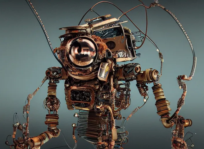 Prompt: Techno-biological rusty robot geisha consisting of wires and actuators. Biopunk, body armor, high detail, photorealism, full length view, concept art, dark background, Dan Mumford, Quixel Megascans, kanji tattoos and decals, octane render, 16k, 8k