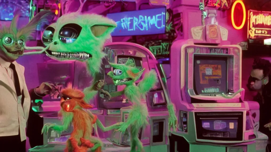 Image similar to Hyperreal Gremlins disguised as neon 90s casino arcade machines dispense experimental ultraviolet ice cream vaccine derived from holographic infrared predator, xenomorph and furby goosebumps goo in downtown silicon valley, film still from banned media Gremlins 3 New World Order, directed by REDACTED circa 1992 | text reads \'Gremlins 3 New World Order\' | Gremlins