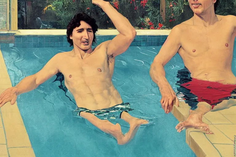 Prompt: justin trudeau in a swimming pool in a house in california, magazine centerfold, by david hockney, peter doig, lucien freud, francis bacon, bouguereau, norman rockwell, pop realism