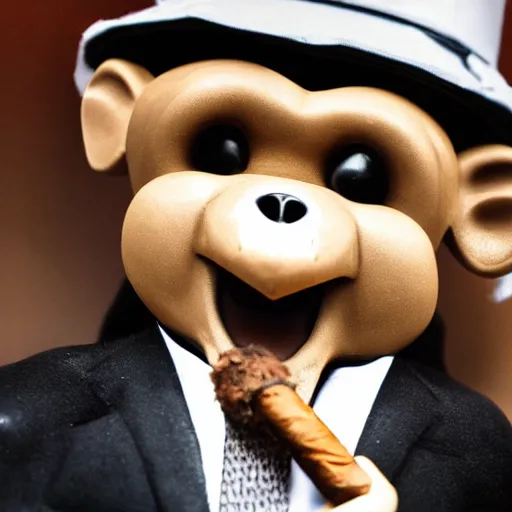 Image similar to a high detail closeup shot of a depressed monkey wearing a suit and smoking a cigar