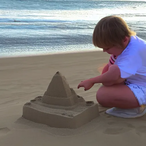 Image similar to a tabby cat building a sandcastle on the beach