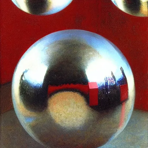 Prompt: chrome spheres on a red cube by alma tadema