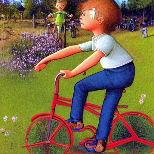 Prompt: boy riding bicycle, illustration by James Christensen