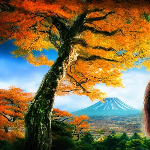 Prompt: a beautiful photograph of a girl with japan landscape in the background with trees, hdr, 8 k, high quality, sharp focus, artstation, highly detailed, award - winning, dramatic lighting, beautiful clouds, and nature