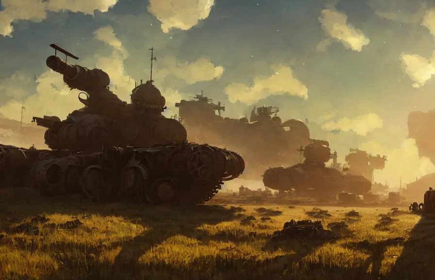 Image similar to concept art of a dusty field with ruined dieselpunk orcish tanks in the background, key visual, ambient lighting, highly detailed, digital painting, artstation, concept art, sharp focus, by makoto shinkai and akihiko yoshida and hidari and wlop