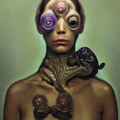 Image similar to a strange surrealist looming biomorphic portrait of a woman with large eyes wearing a black turtleneck by dali, marco mazzoni, james jean, todd school and rachel ruysch, emotionally evoking, head in focus, volumetric lighting, oil painting, timeless masterpiece, rendered in octane - h 7 0 4