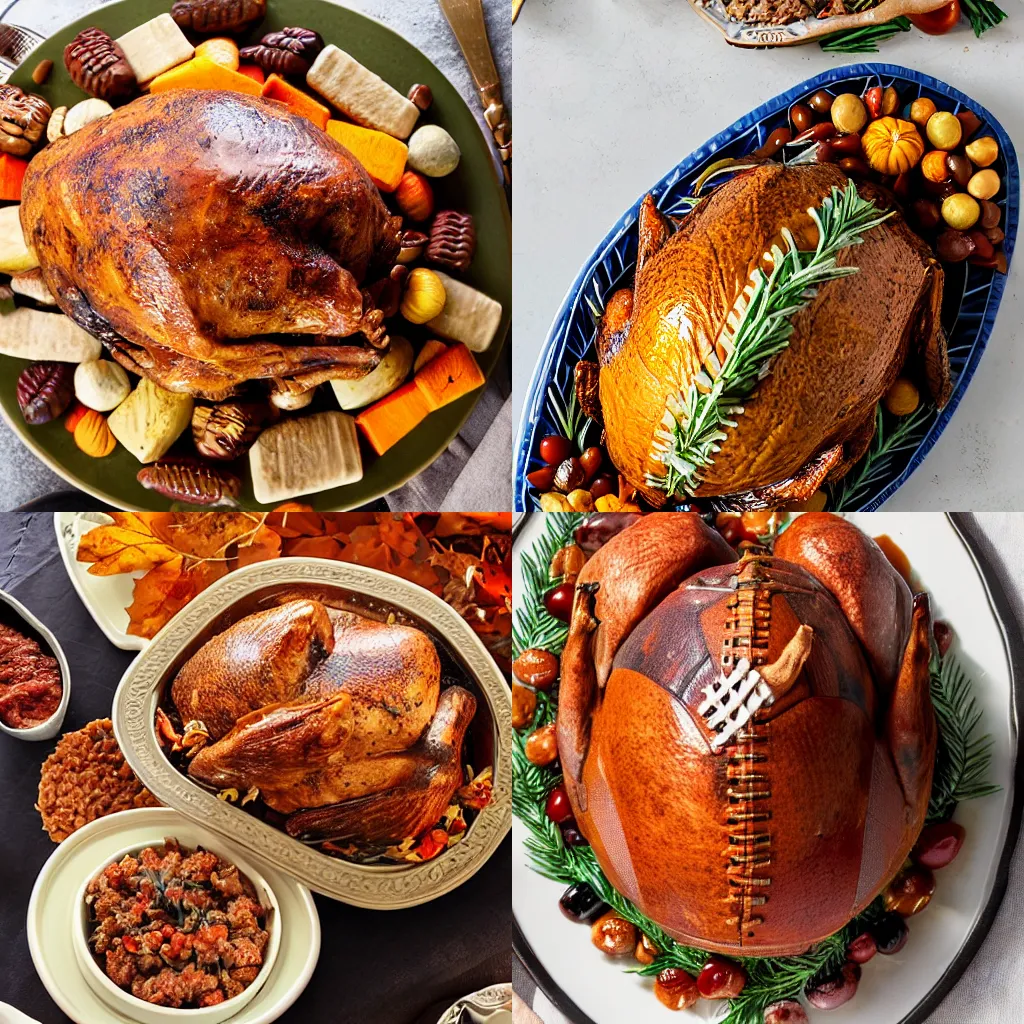 Prompt: a roasted football plated with Thanksgiving dinner spread