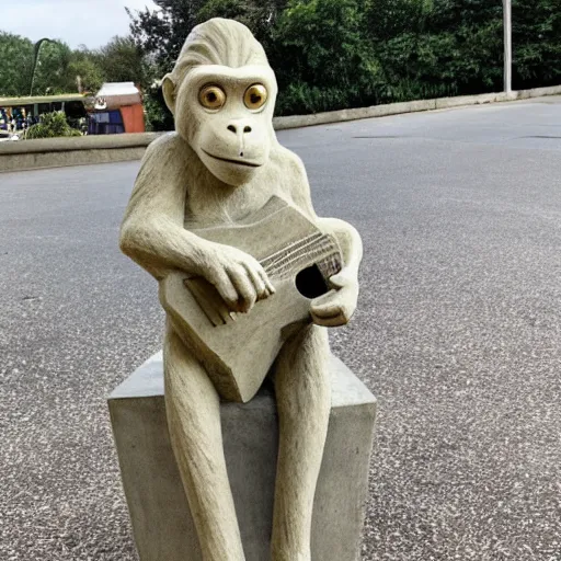 Prompt: a concrete statue of a monkey playing the guitar