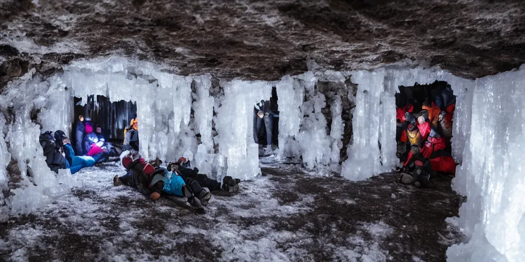 Prompt: people stuck suspended in ice inside a cold cave