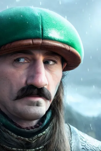 Image similar to very very intricate photorealistic photo of a realistic human version of luigi wearing his hat in an episode of game of thrones, photo is in focus with detailed atmospheric lighting, award - winning details