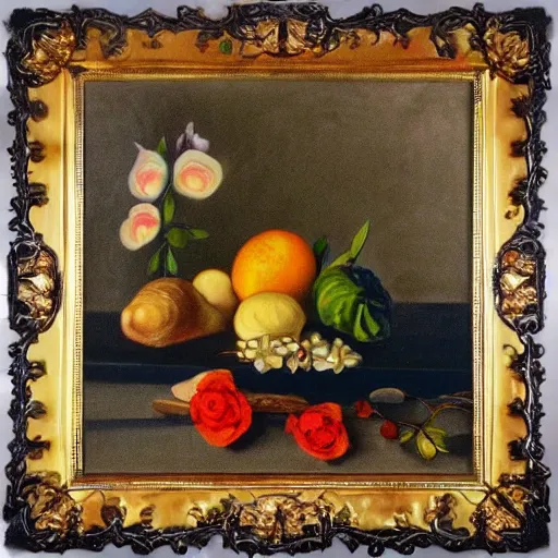 Prompt: a nature morte painting in a gaudy frame