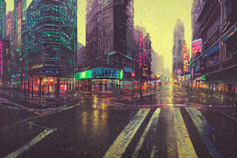 Image similar to Bustling photorealistic!!! rainy (((neon))) street in a utopian city illustrated and reimagined by Max Hay, inverted fisheye lens!!!, eyelevel!!! view!!! photography, trending on artstation, 4k, 8k, lens distortion, chromatic aberration, soft focus blur, photorealistic imagery, photorealistic details, intricate, highly detailed, artstation 3d, artstation render, artstation 3d render, 3d art, unreal engine 3d, octane 3d, blender 3d, 3d landscape