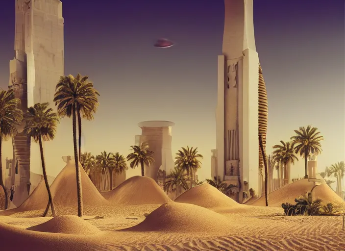 Image similar to cover concept art of the lost sand city, levitating sand, ground view, golden towers, golden pillars, palm trees, space and time, floating objects, post-processing, in the style of Hugh Ferriss, Behance, Artgerm. High detail, ultra realistic render, octane, 3D, photorealism, symmetric, cinematic