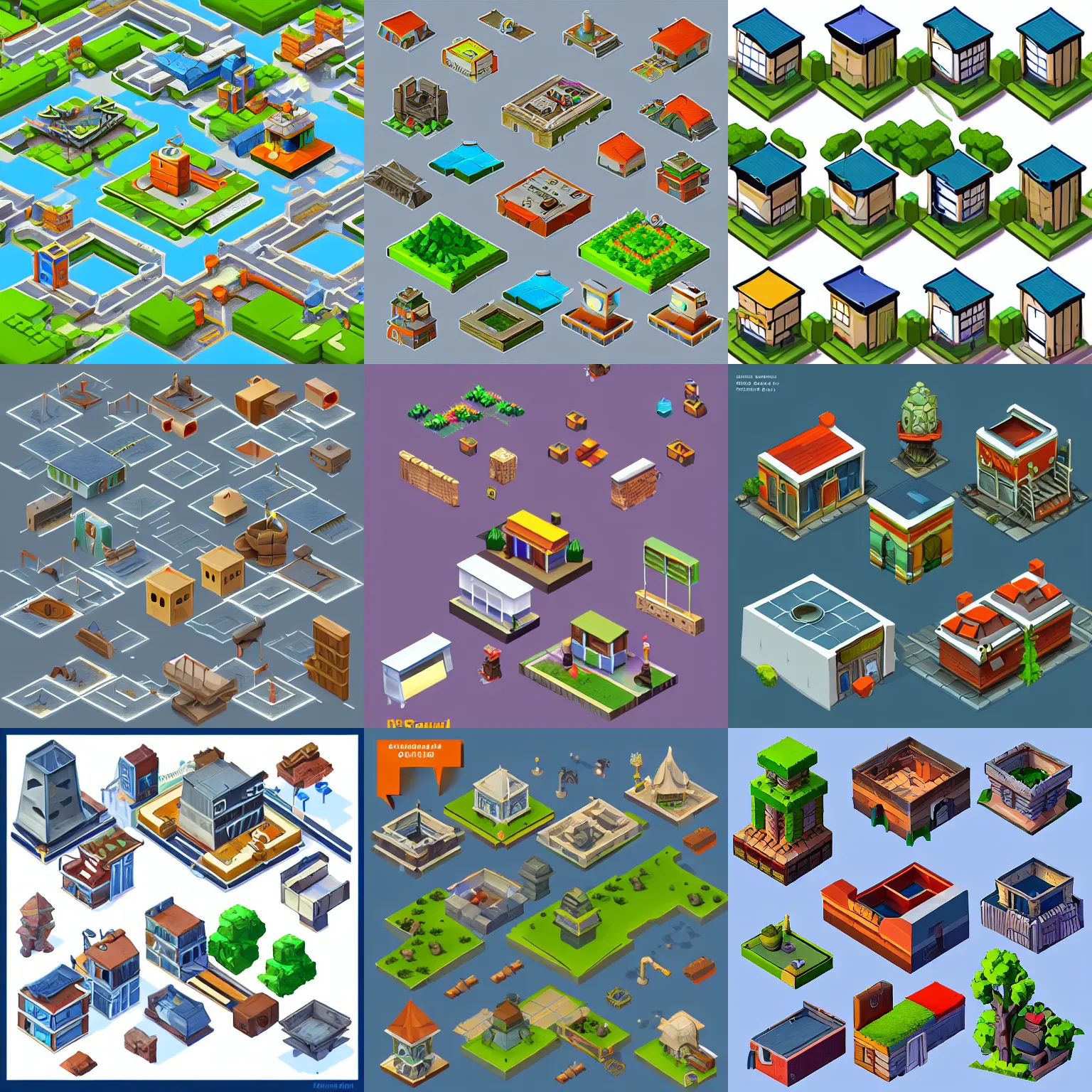 Prompt: collection of isometric building assets, modular game dev art