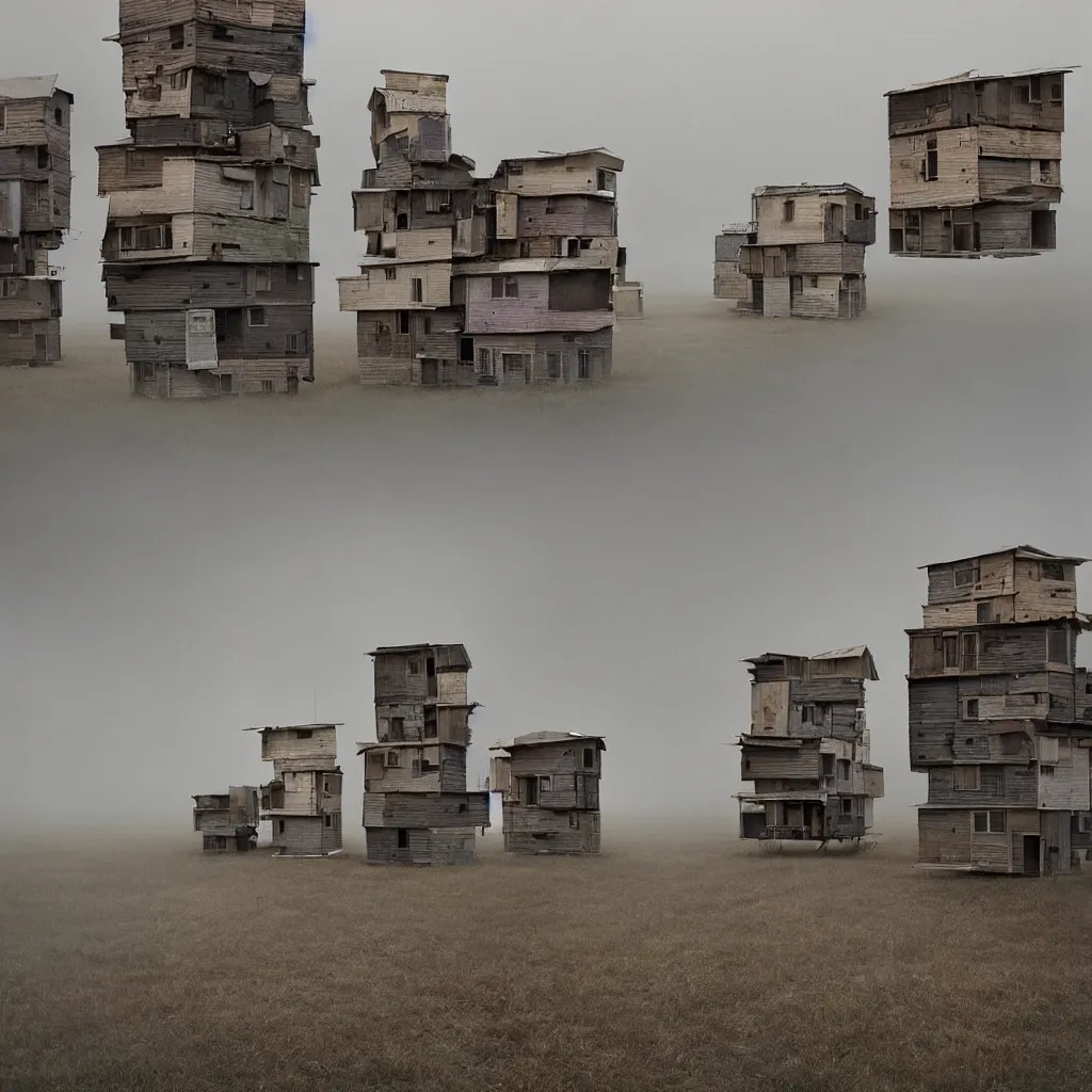 Image similar to towers made up of stacked makeshift squatter shacks with faded colours suspended over a quagmire, plain uniform sky at the back, misty, mamiya, ultra sharp, very detailed, photographed by julie blackmon, cristina de middel and john chiara