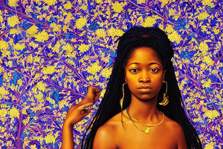 Image similar to a beautiful girl with long hair and with iridescent skin by kehinde wiley