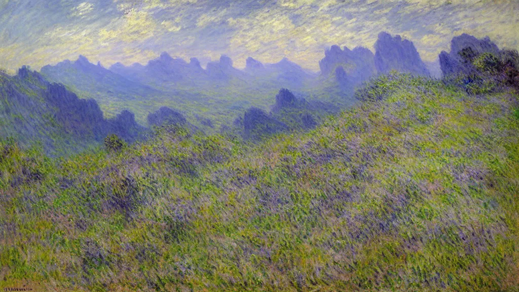 Prompt: oil painting by claude monet based on a mountain ridge, dramatic, ultra - wide angle, long exposure, ultra - hd, epic lighting, ray tracing global illumination, in a symbolic and meaningful style, heavenly perspective, trending on artstation, concept art, hyper realism, hdr