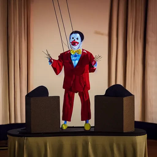 Image similar to puppet show of a string marionette of a president with clown makeup in a podium