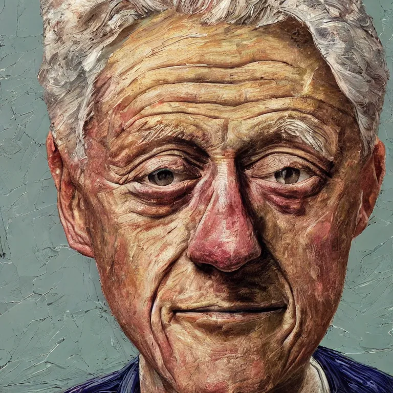 Prompt: close up studio portrait of aging old Bill Clinton age 103 wrinkled sad, impasto oil painting by Lucian Freud and Tim Hawkinson and Cy Twombly, trending on artstation Studio lighting Expressionism