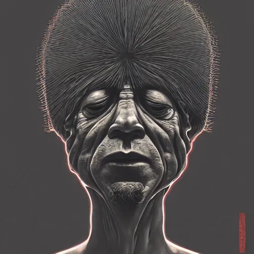 Image similar to A Black background portrait of a man with an exploding head by Zdzisław Beksiński and Ilya Repin,In style of Otomo Katsuhiro.digital illustration,Ray tracing,hyper detailed,sharp focus,4k