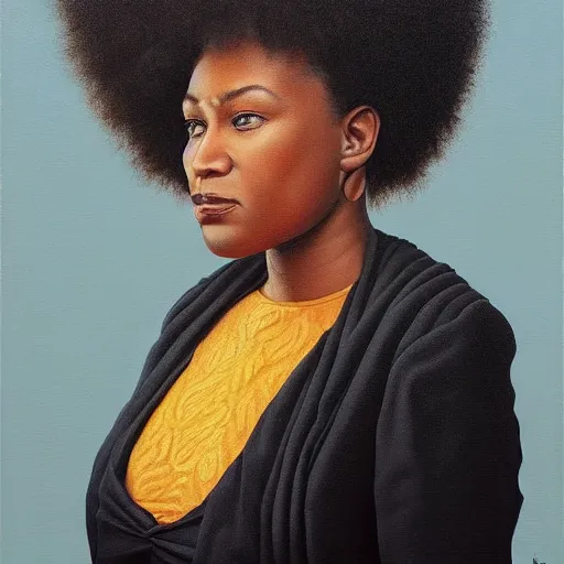 Image similar to a painting of a woman wearing a black dress, a portrait by kadir nelson, trending on cgsociety, afrofuturism, hyper realism, detailed painting, rococo