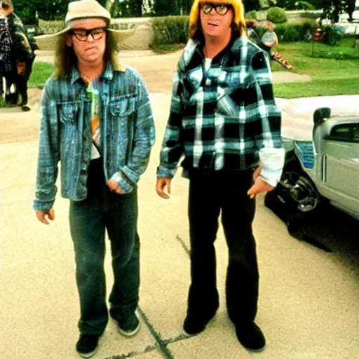 Prompt: wayne and garth go to the party