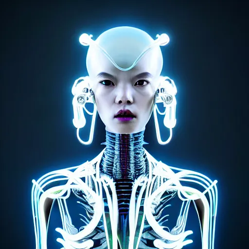 Image similar to half body portrait of an absurdly beautiful, graceful, sophisticated, asian cyberpunk mechanoid fashion idol, hyperdetailed photo by irakli nadar, maria borges, matt wisniewski style, intricate linework, neon jellyfish headdress, carved bone ruff, xenomorphic body suit, unreal engine 5 highly rendered, global illumination, radiant light, detailed and intricate environment