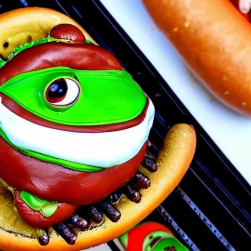 Prompt: pepe the frog in a hot dog bun piled on a grill