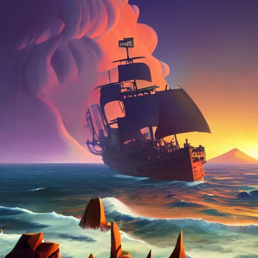 Image similar to a melting pirate on a ship on a scorching hot ship, volcano in the background, d & d, sea of thieves, fantasy digital painting, trending on artstation, concept art, sharp focus, illustration, global illumination, ray tracing, realistic shaded, art by artgerm and greg rutkowski and fuji choko and viktoria gavrilenko and hoang lap