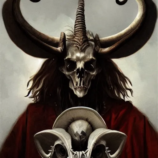 Image similar to baphomet with goat horns holding an animal skull, style of da vinci, horror, fantasy illustration, by greg rutkowski