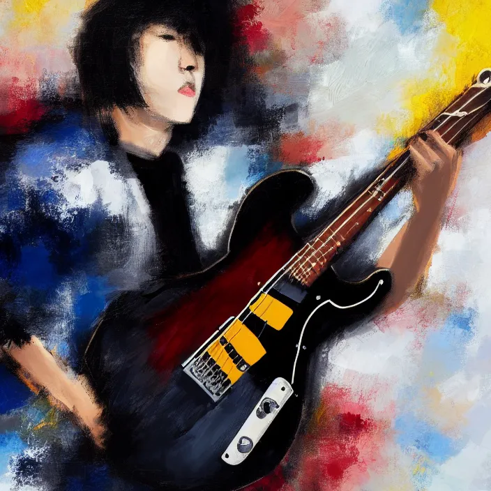 Image similar to large brush abstract! painting candid view of a young korean male musician wearing stylish black v neck t shirt holding a telecaster!!! electric guitar!!, thick flowing dramatic brush strokes, dark matte colors, abstract, impressionist, motion, trending on artstation