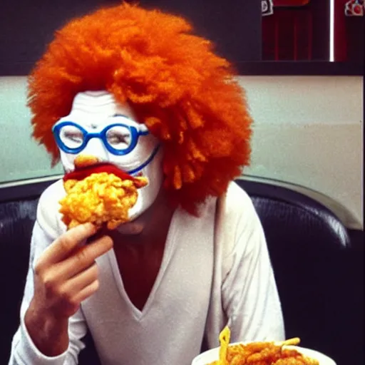 Image similar to Paparazzi Photograph of Ronald Mcdonald eating Kentucky Fried Chicken at Burger King