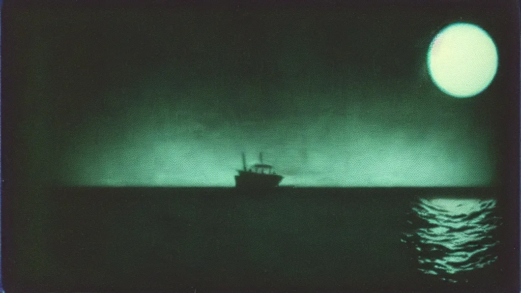 Image similar to haunted VHS glitch polaroid of a distant ferry sailing through deep blackness. strange perspective, depths, Ethereal lighting. Nighttime setting with the moon reflecting off the water