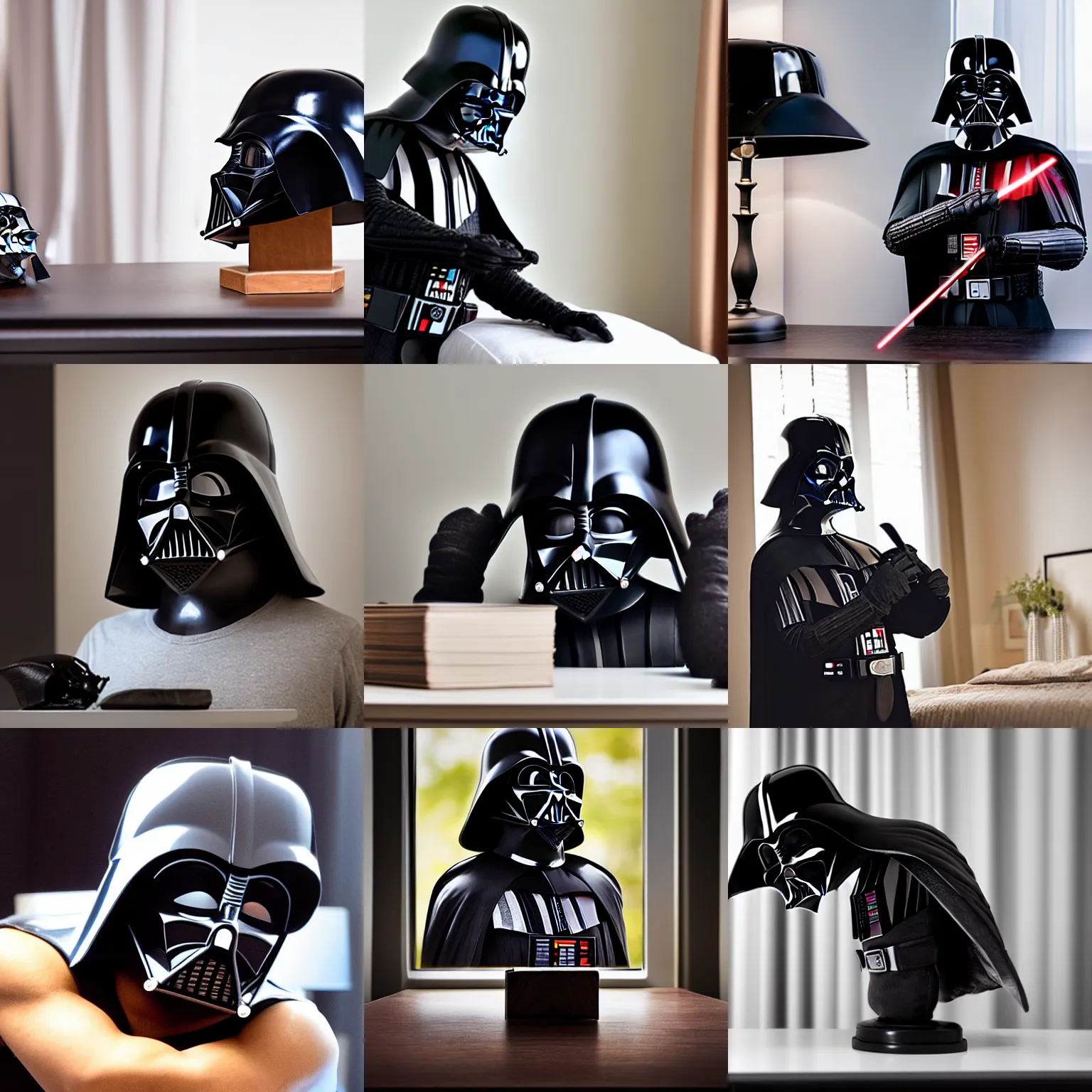 Prompt: a helmetless darth vader taking off his helmet and placing it down on a nightstand after a long and exhausting day of work