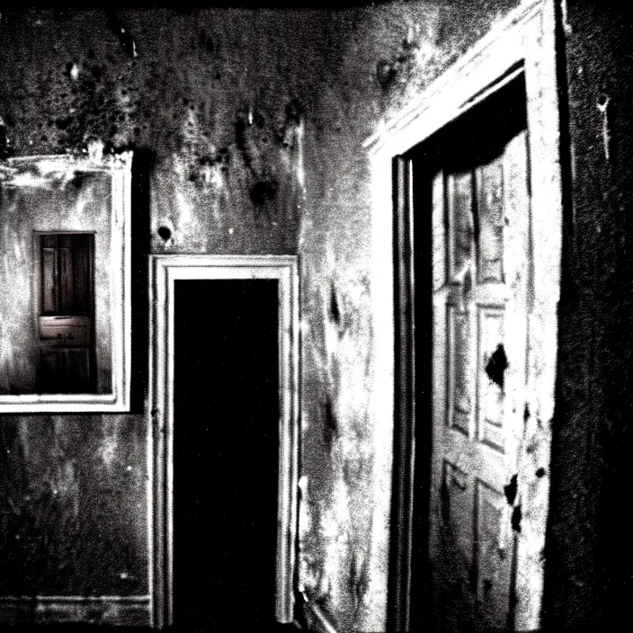 Prompt: unspeakable horrors, nightmare, horror, unknown, dark, liminal space, abandoned house, red eyes, 3 5 mm, found footage, cosmic horror, film shot