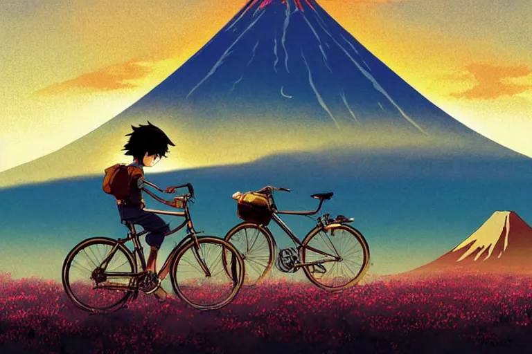 Prompt: a boy riding his bike alone beside mt. fuji, high intricate details, rule of thirds, golden ratio, cinematic light, anime style, graphic novel by fiona staples and dustin nguyen, by beaststars and orange, peter elson, alan bean, studio ghibli, makoto shinkai