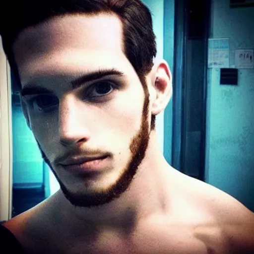 Image similar to “a realistic detailed photo of a guy who is an attractive humanoid who is half robot and half humanoid, who is a male android, Tyler Seguin, shiny skin, posing like a statue, blank stare”