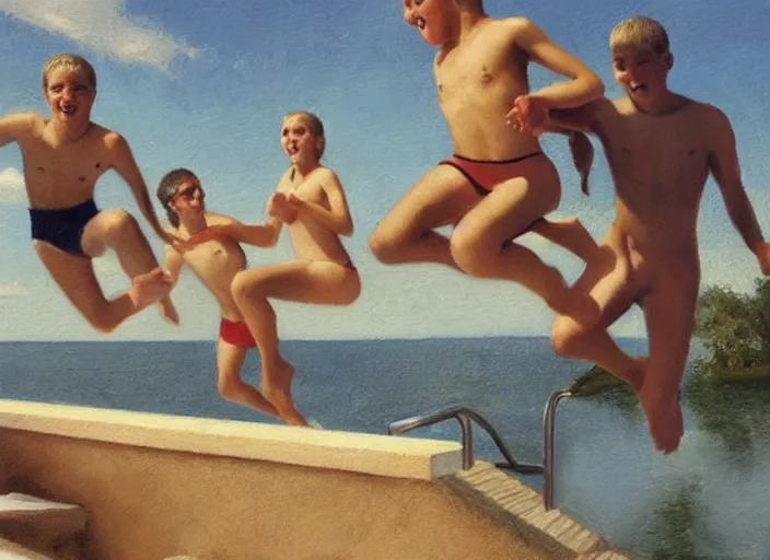 Prompt: a group of teens in the moment of jumping into a pool, oil painting by ralph maquarrie and james gurney, soft edges, subtle colours