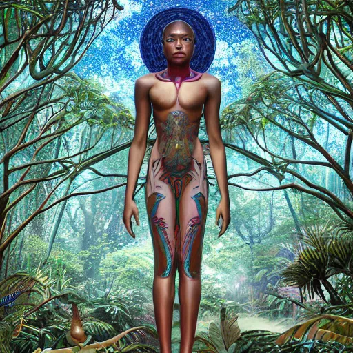 Prompt: symmetry!!, corpse of an african moon goddes deep inside a temple overgrown with vegetation at night, by casey weldon and chie yoshii and amanda sage, global illumination, radiant light, god rays, bokeh!, digital illustration, cg society, unreal engine 5, ray tracing