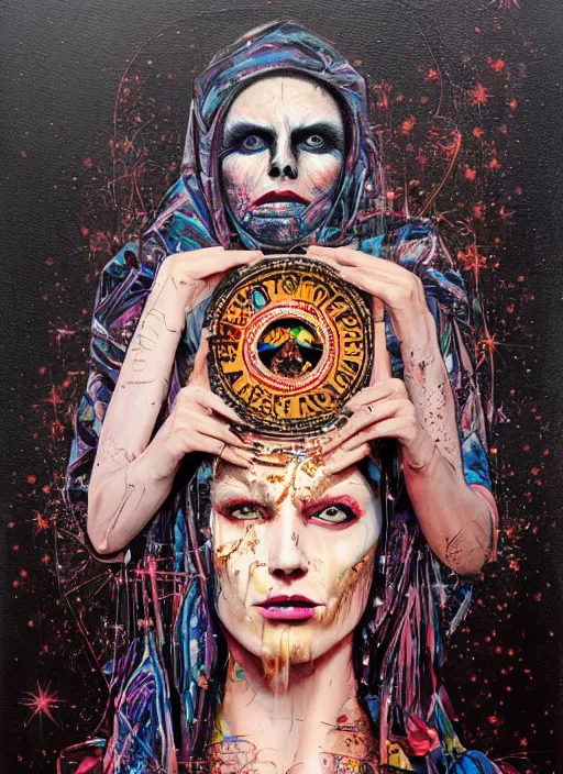 Image similar to acid tripping cult magic psychic woman, subjective consciousness psychedelic, epic surrealism expressionism symbolism story iconic, dark robed witch, oil painting, robe, symmetrical face, greek dark myth, by Sandra Chevrier, Gerald Brom masterpiece