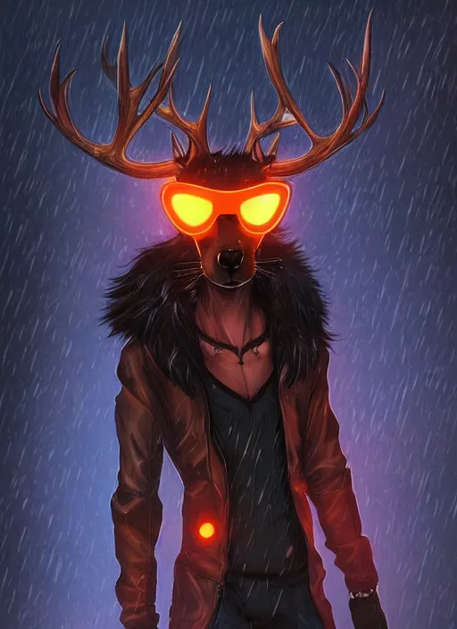 Image similar to award winning beautiful portrait commission of a male furry anthro Black Reindeer fursona with a tail, wings and a cute beautiful attractive detailed furry face wearing stylish black and orange cyberpunk clothes in a cyberpunk city at night while it rains. Character design by charlie bowater, ross tran, artgerm, and makoto shinkai, detailed, inked, western comic book art