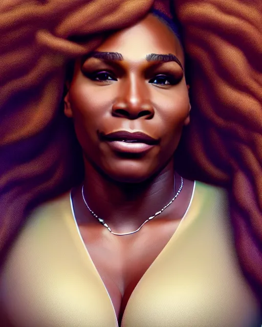 Image similar to Serena Williams as angelic seductress in heaven, au naturel, hyper detailed, digital art, trending in artstation, cinematic lighting, studio quality, smooth render, unreal engine 5 rendered, octane rendered, art style by klimt and nixeu and ian sprigger and wlop and krenz cushart