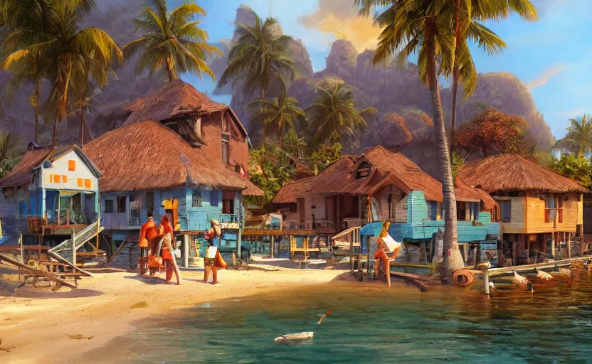 Prompt: a little fisher village on a tropical island, wood pier and houses, bright day, matte painting by marc simonetti and rhads, trending on artstation