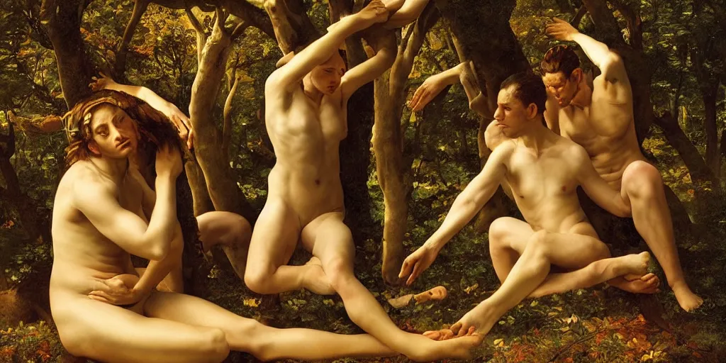 Prompt: beautiful oil matte painting, humans fused to tree branches in agonizing pain, wonderful masterpiece highly detailed, beautiful cinematic light deep focus, elegant, digital painting, smooth, sharp focus, golden ratio, dramatic illumination, ultra realistic, 8 k, art by artemisia lomi gentileschi and caravaggio